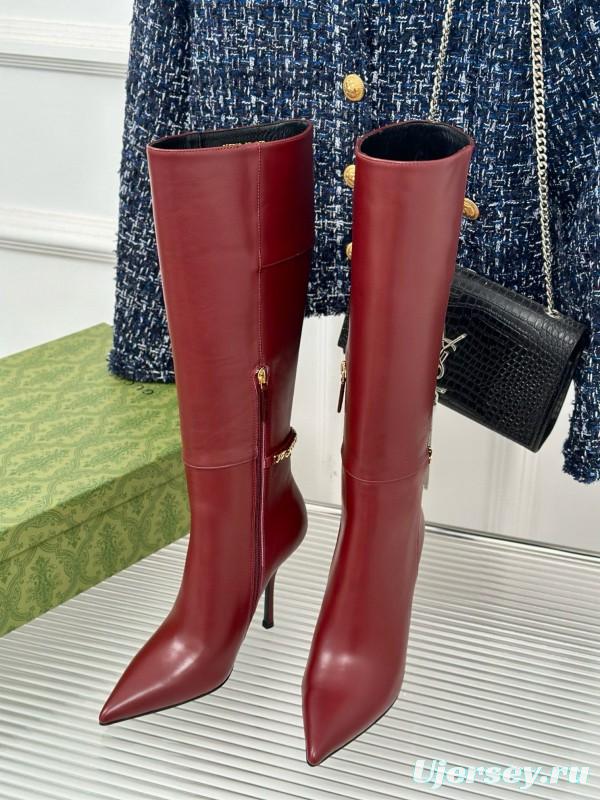 2024 Women Gucci red leather high heel knee boots