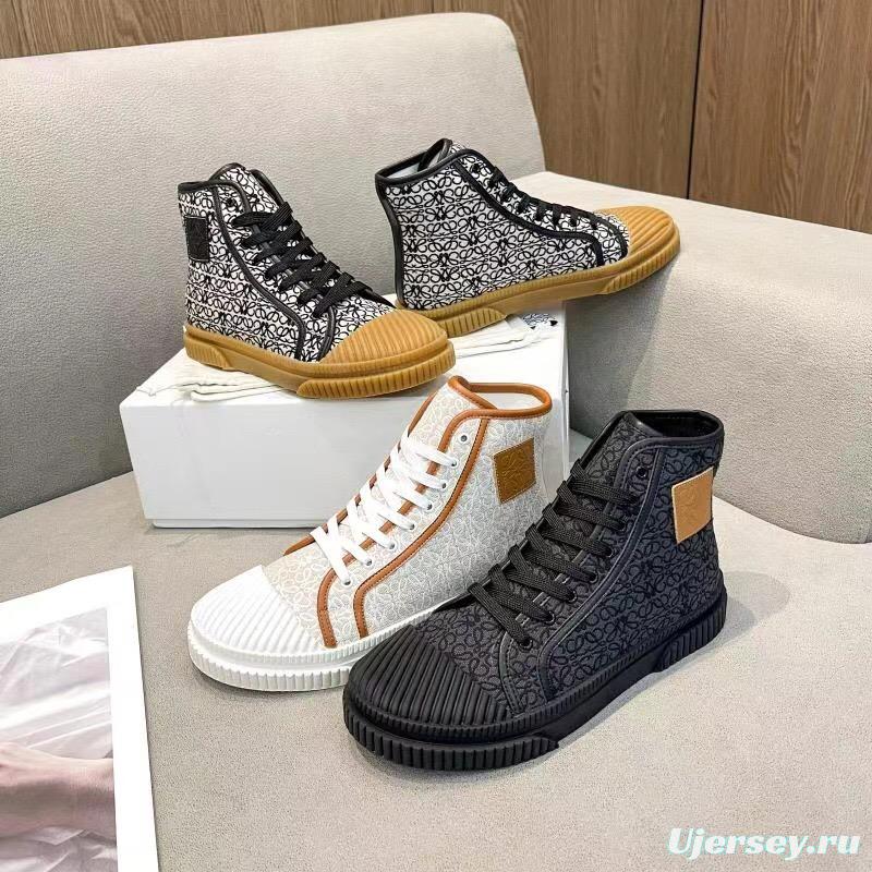 2025 Women Loewe Black Fabric Leather High-Top Sneakers LY00291