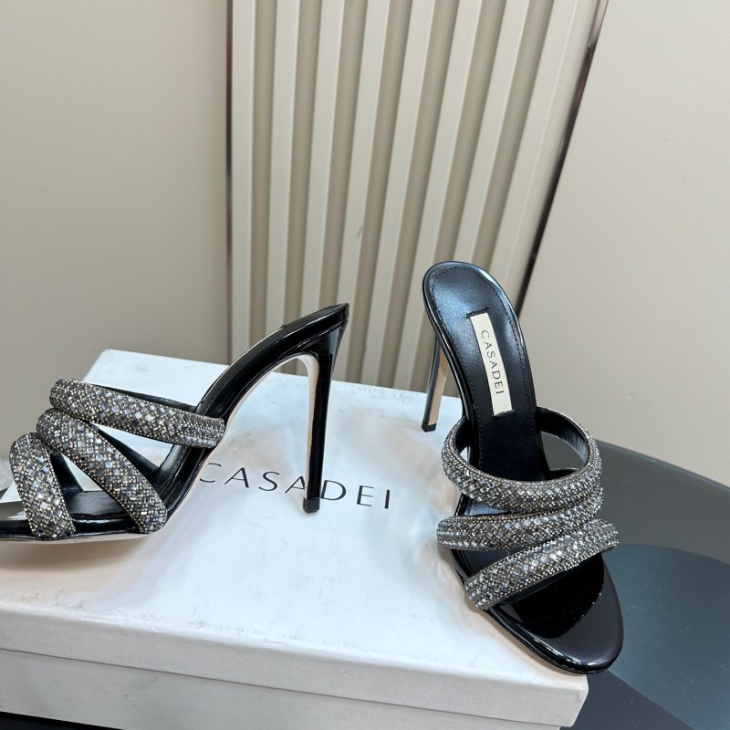 2025 Women Casadei Black Rhinestone Leather High Heels KFY00290