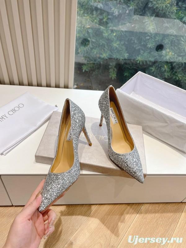 2025 Women Jimmy Choo Silver Glitter Leather Pointed Toe Pumps