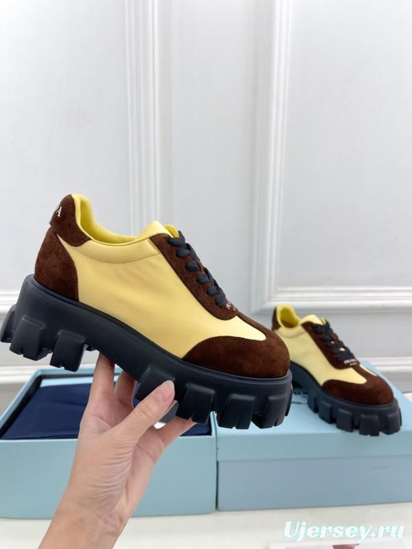 2025 Unisex Prada Yellow Brown Suede Silk Sneakers KFY00310(F)/KFY00330(M)