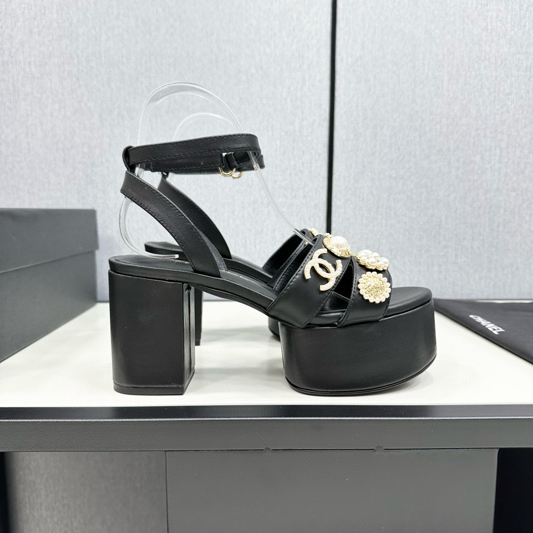 2025 Women Chanel Black Leather Platform Sandals MJ00310