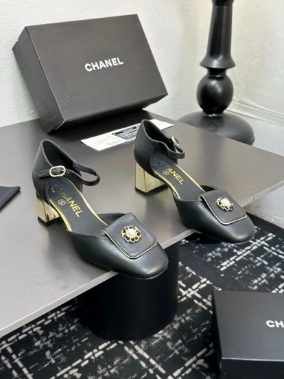 2025 Women CHANEL Black Leather Block Heel Metal Accent LY00360
