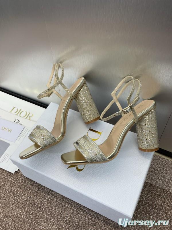 2025 Women Dior Gold Crystal Embellished Leather Sandals KFY00320
