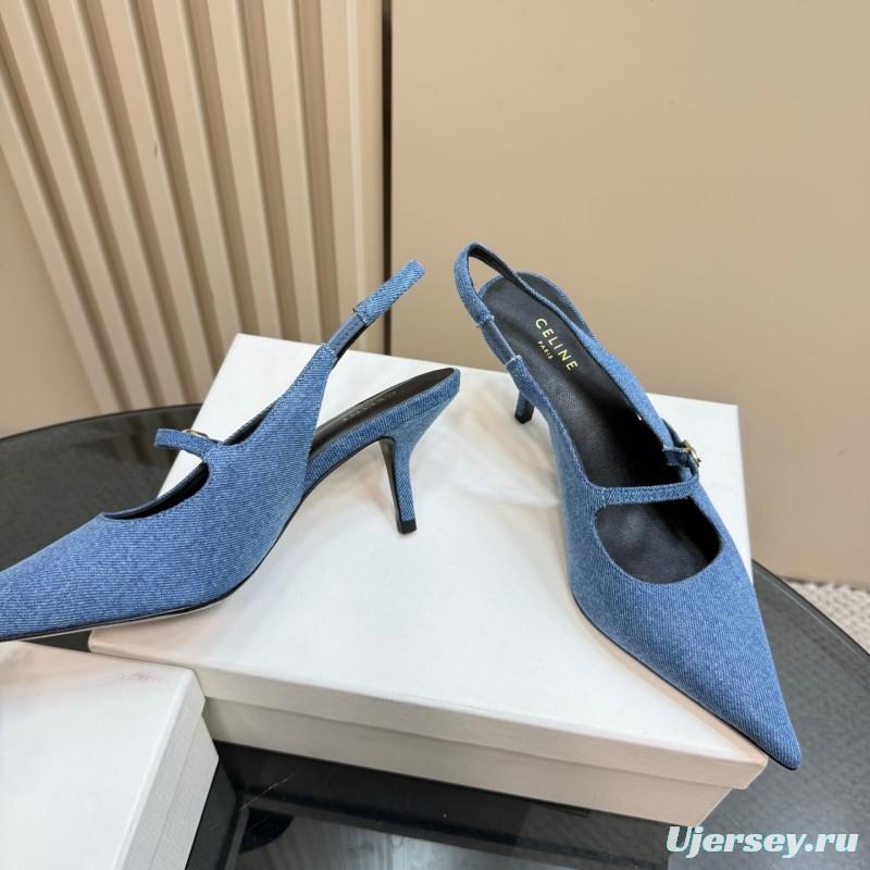 2025 Women CELINE Blue Denim Suede Slingback Pumps KFY00290