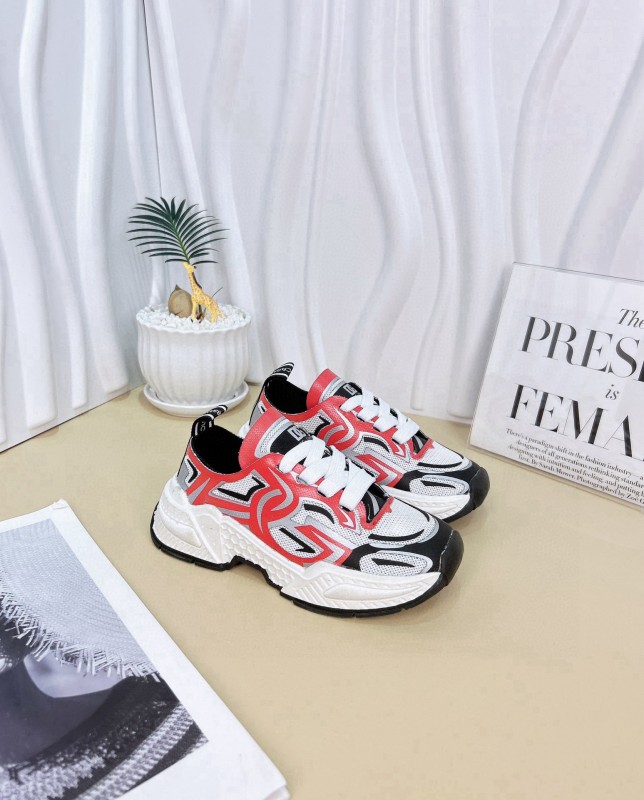 2024 Kids Dolce & Gabbana Red White Black Mesh Leather Sneakers