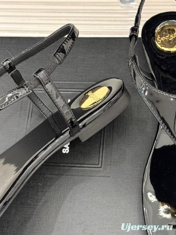 2025 Women Yves Saint Laurent Black Patent Leather Thong Sandals