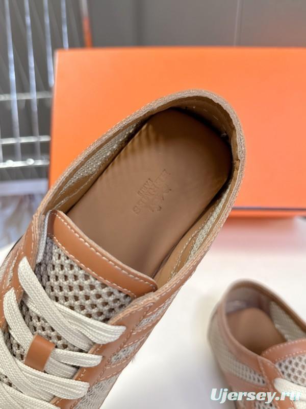 2025 Women Hermès Beige Brown Leather Mesh Sneakers KFY00250