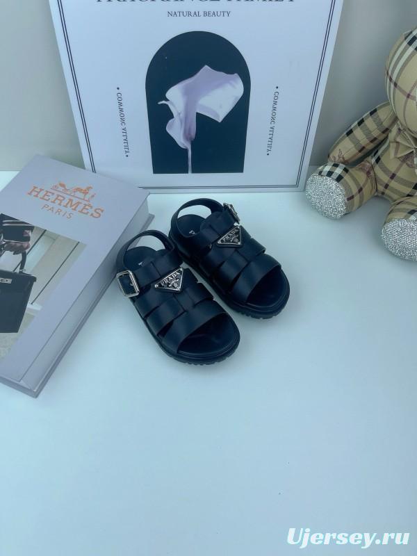 2025 Kids PRADA Black White Leather Sandals