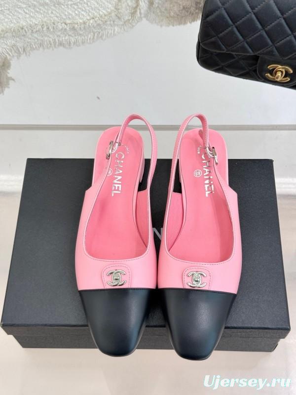 2025 Women Chanel Pink Black Leather Slingback Low Heel KFY00280