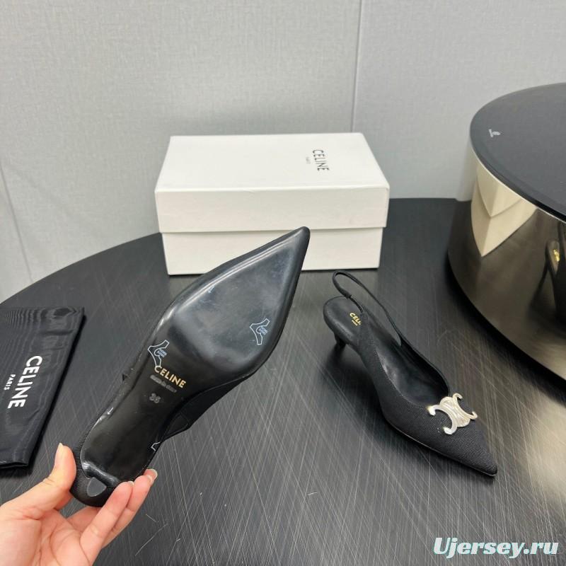 2025 Women Celine Black Fabric Leather Slingback Kitten Heels KFY00290