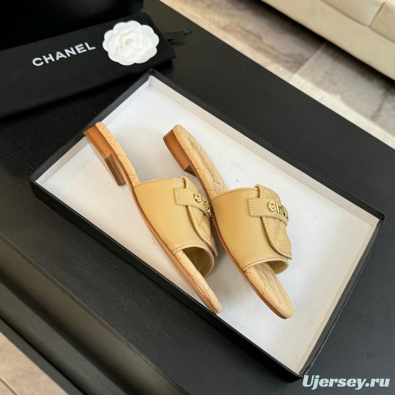 2025 Women Chanel Beige Leather Slippers