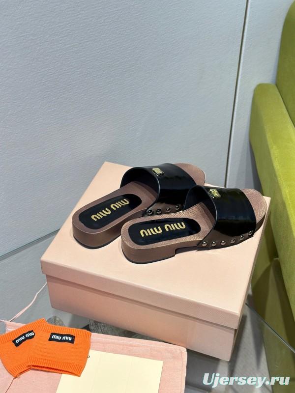 2025 Women Miu Miu Black Leather Slippers