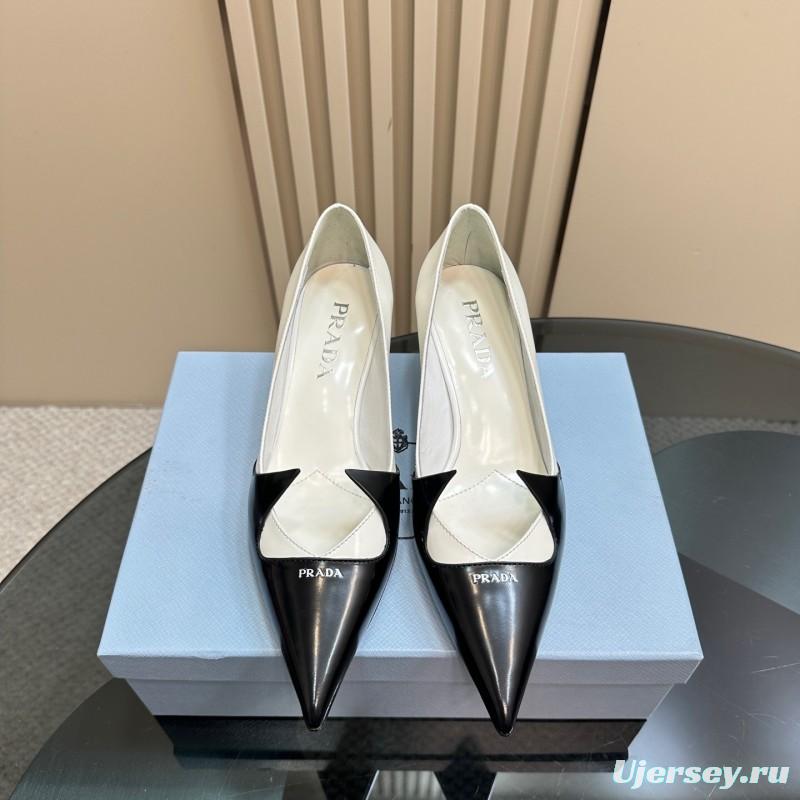 2025 Women Prada Black White Leather Heels KFY00310