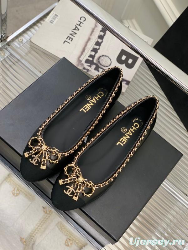 2025 Women Chanel Black Gold Leather Ballet Flats