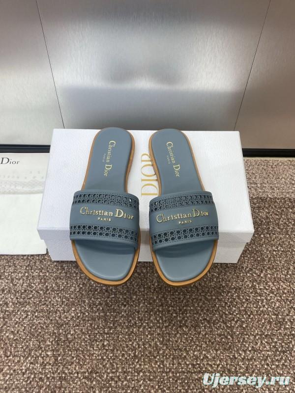 2025 Women Dior Blue Leather Slippers KFY00300