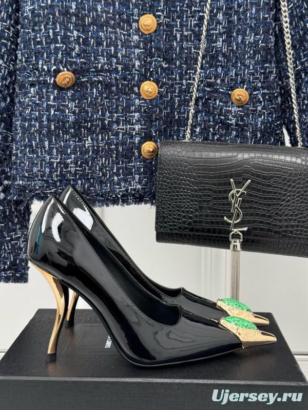 2024 Women Yves Saint Laurent Black Gold Patent Leather High Heels MJ00330