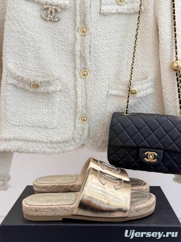 2025 Women Chanel Gold Leather Slippers