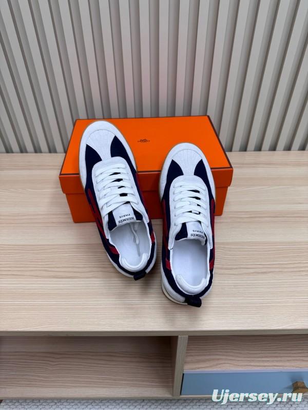 2025 Unisex Hermès White Navy Red Suede Down Fabric Sneakers Top Version LY00310