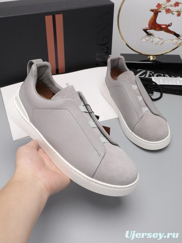 2024 Men Ermenegildo Zegna Light Grey Leather Suede Low Top Sneakers MJ00240