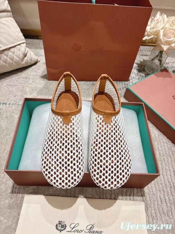 2025 Women LP White Brown Leather Mesh Ballet Flats