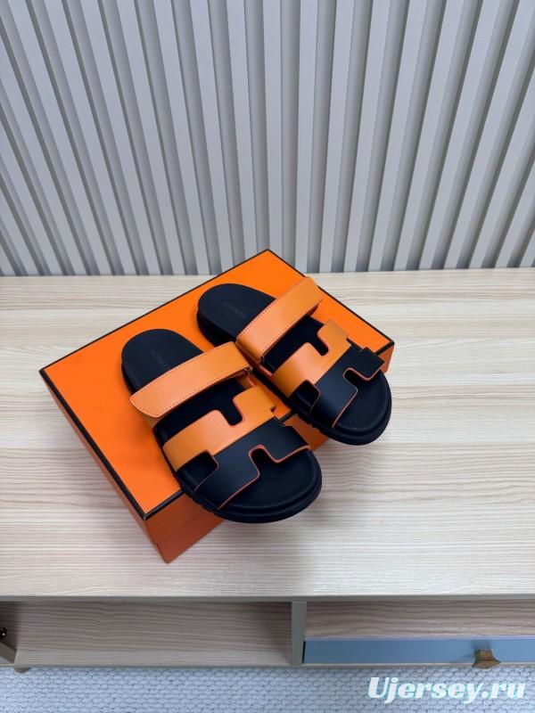 2025 Women Hermès Orange Black Leather Slippers