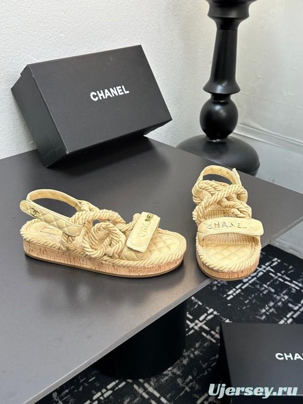 2025 Women Chanel Beige Rope Leather Slingback Sandals