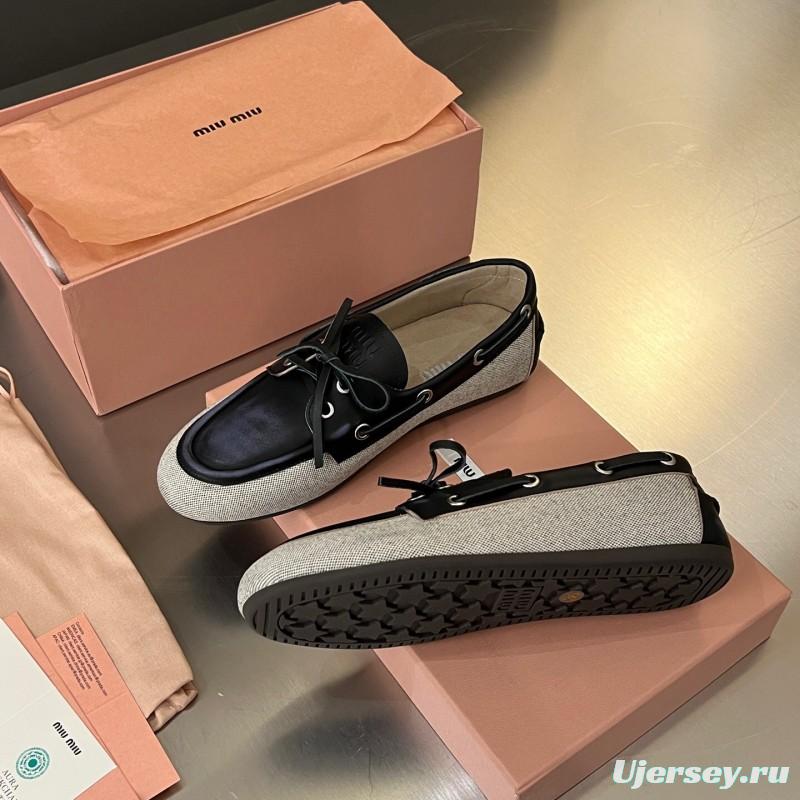 2025 Women Miu Miu Black Beige Leather Fabric Loafers