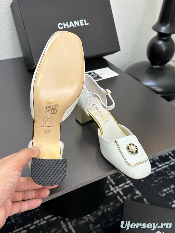 2025 Women Chanel White Leather Chunky Heel Metal Decoration LY00360