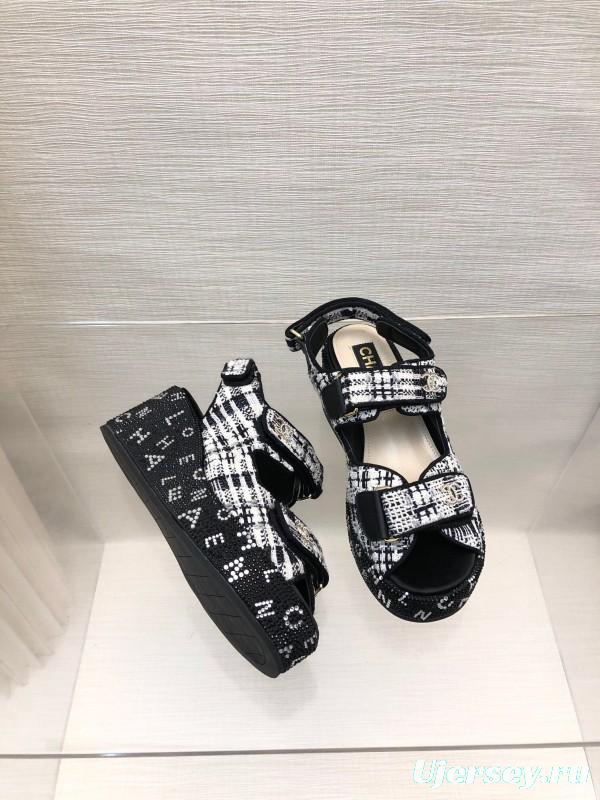 2025 Women Chanel Black White Fabric Platform Sandals LY00330