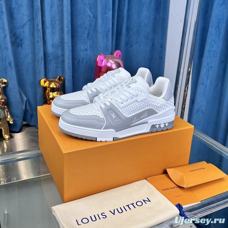 2025 Unisex Louis Vuitton White Grey Leather Fabric LV Trainer
