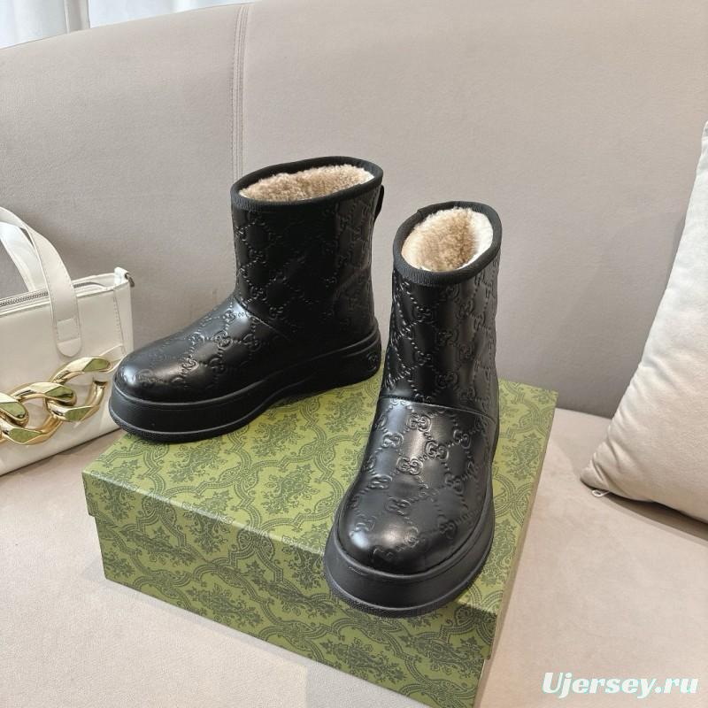 2024 Women Gucci Black Leather Suede Shearling Snow Boots MJ00350