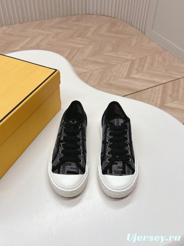 2025 Women Fendi Black Grey Fabric Leather Sneakers