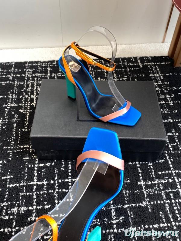 2025 Women Yves Saint Laurent Blue Orange Pink Leather Suede High Heel Sandals