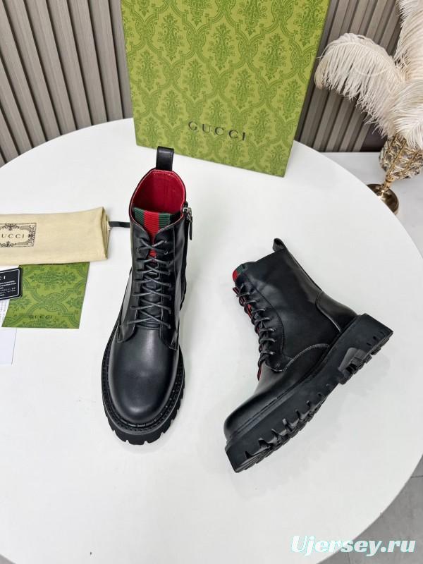 2024 Women Gucci Black Leather Lace-Up Combat Boots Red Green Web MJ00340