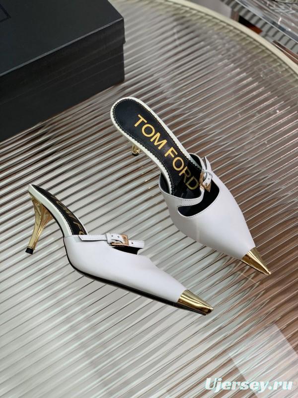2025 Women TOM FORD White Gold Leather Pointed Toe Mules