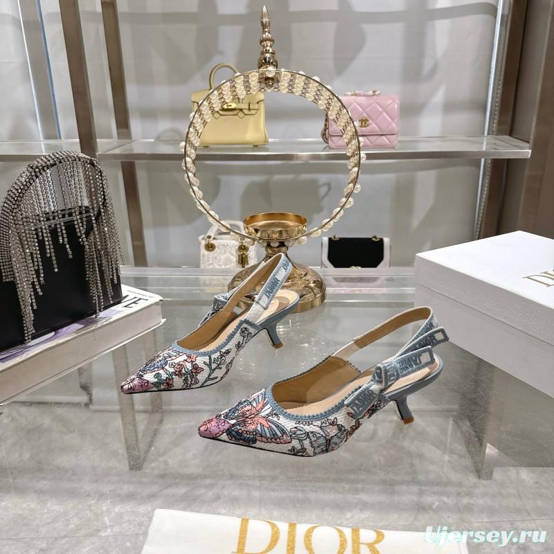 2025 Women Dior Blue Pink Embroidered Fabric Slingback Heels