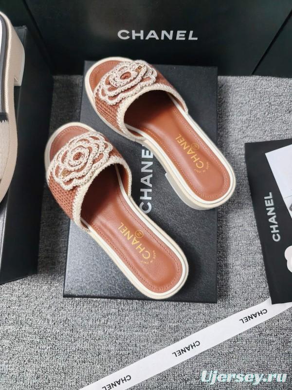 2025 Women Chanel Brown White Leather Slippers