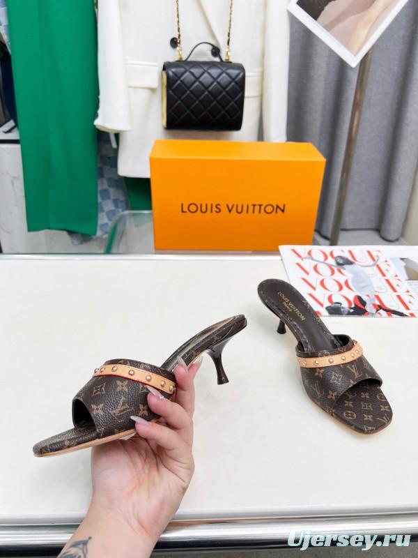 2025 Women Louis Vuitton Brown Leather Kitten Heel Mules LY00260