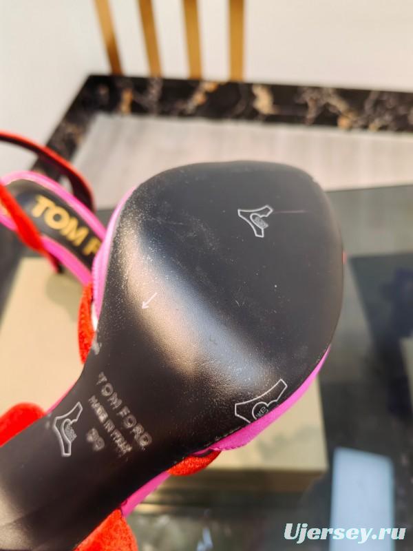 2025 Women TOM FORD Pink Red Velvet Silk High Heel Open Back Sandals