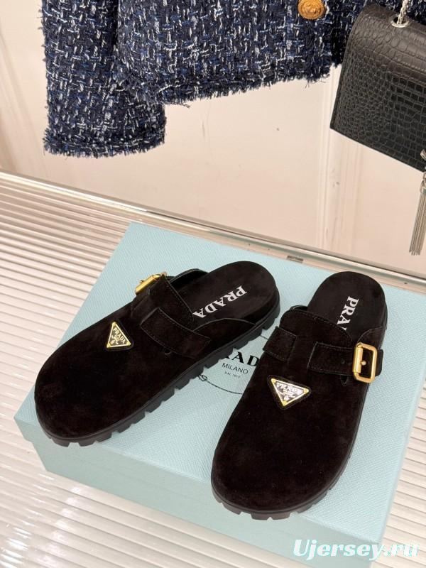 2025 Women Prada Black Suede Slippers