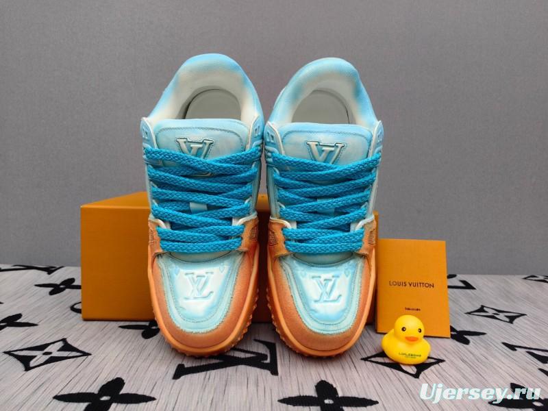2025 Unisex Louis Vuitton Blue Orange Denim TPU Plimsolls Complex Wash KFY00510