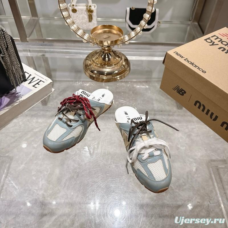 2025 Women Miu Miu Blue White Beige Leather Mesh Sneakers