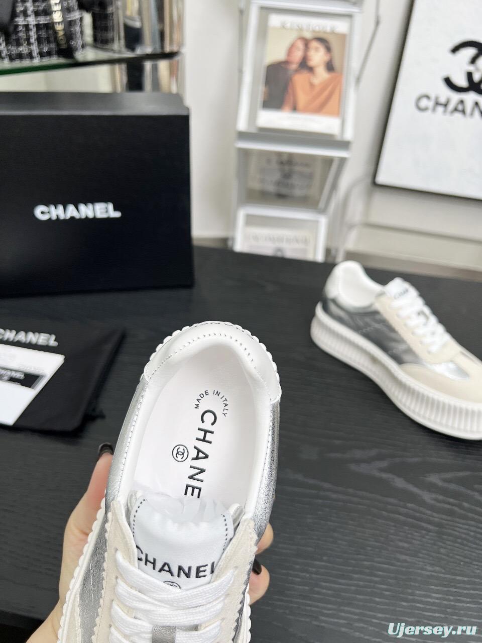 2025 Women Chanel White Silver Suede Leather Sneakers LY00270
