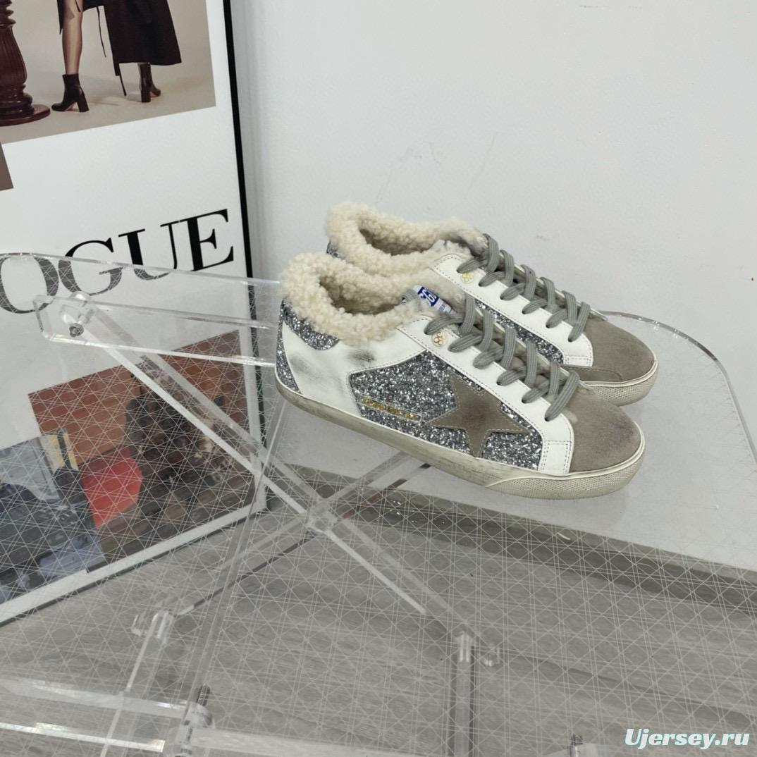 2025 Women GGDB White Silver Suede Leather Glitter Star Sneakers