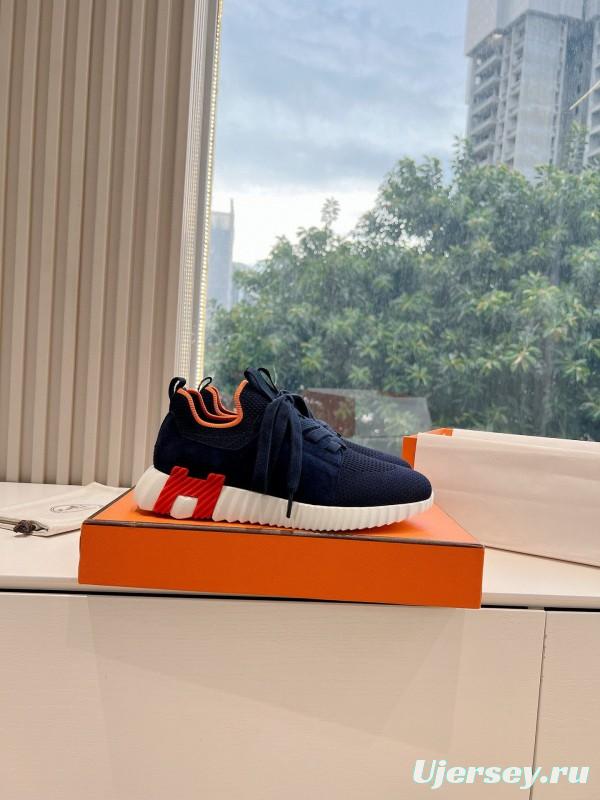 2024 Unisex Hermès爱马仕 Navy Orange White Knit Leather Sneakers MJ00290