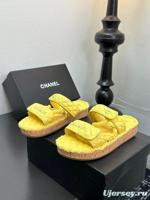 2025 CHANEL Yellow Quilted Fabric Slippers