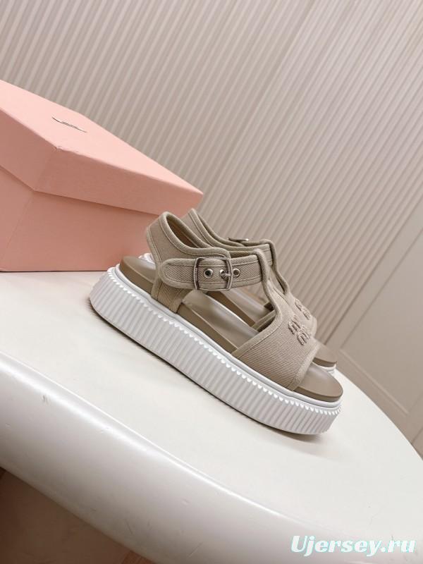 2025 Women Miu Miu Beige Canvas Sandals Buckle LY00360