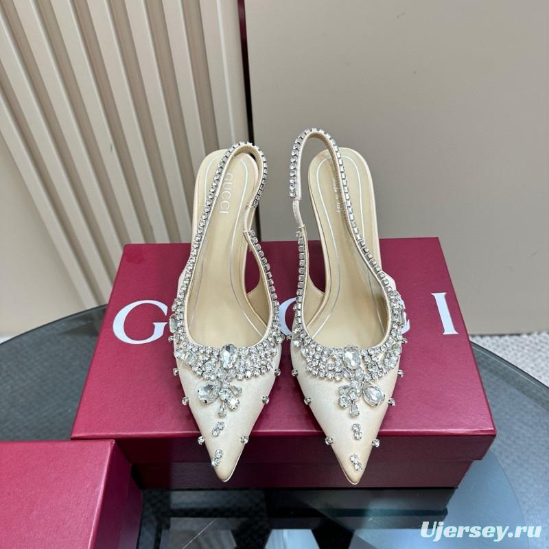 2025 Women Gucci Beige Silk Crystal Embellished Slingback Heels MJ00340