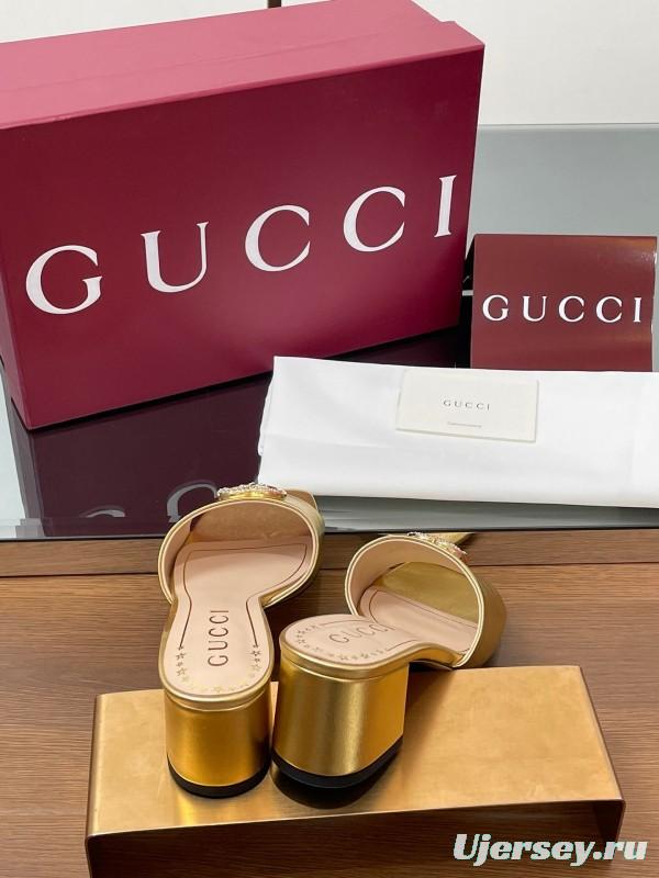 2025 Women Gucci Gold Leather Mules Block Heel